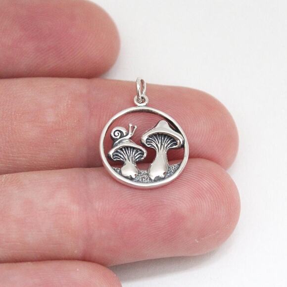 Sterling Silver Encircled Mushrooms Charm with Curious Snail Visitor - Picture 2 of 5